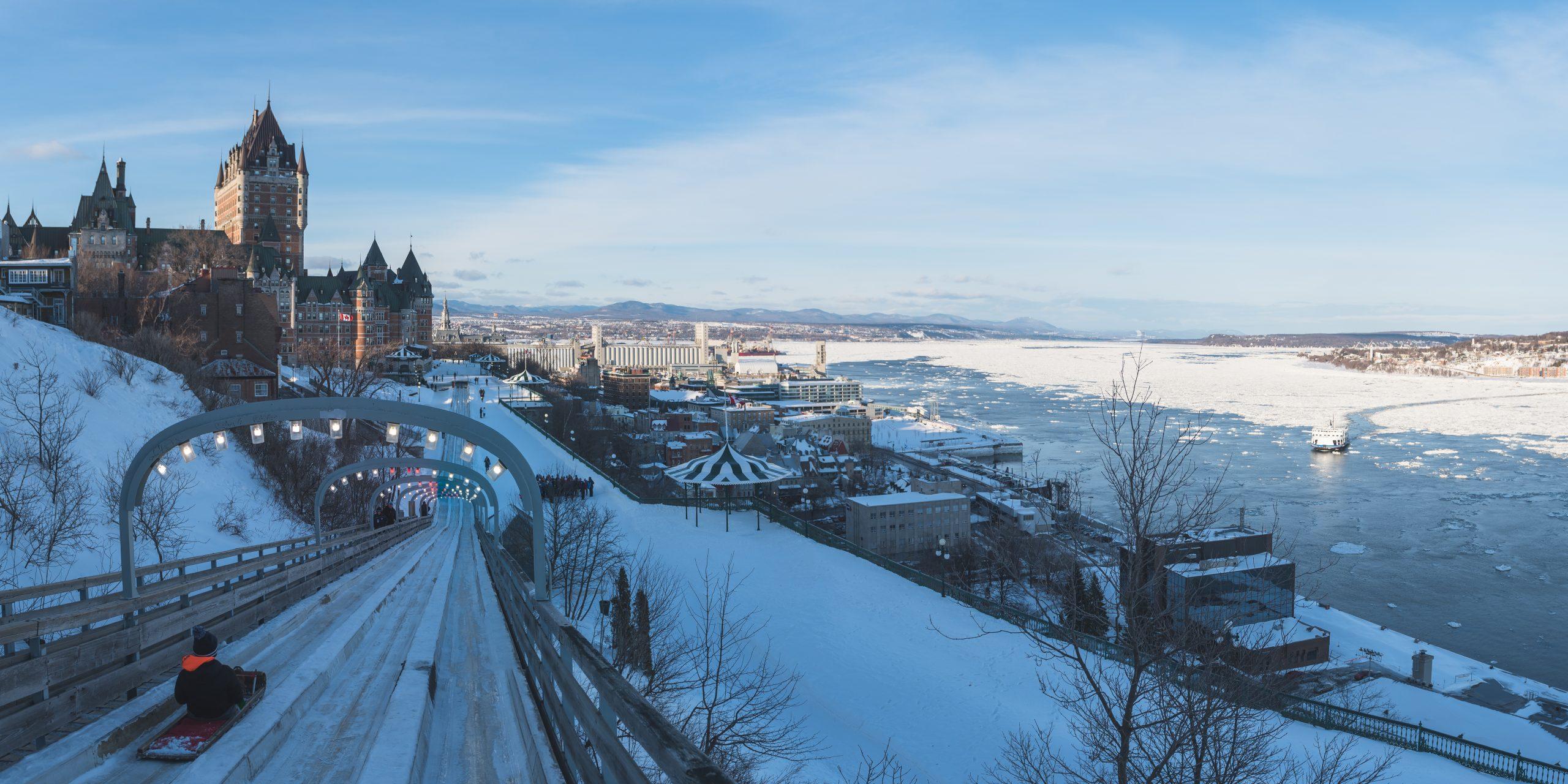 Terrasse Dufferin during winter. A view of the Chateau Frontenac and the St. Lawrence River from the toboggan.