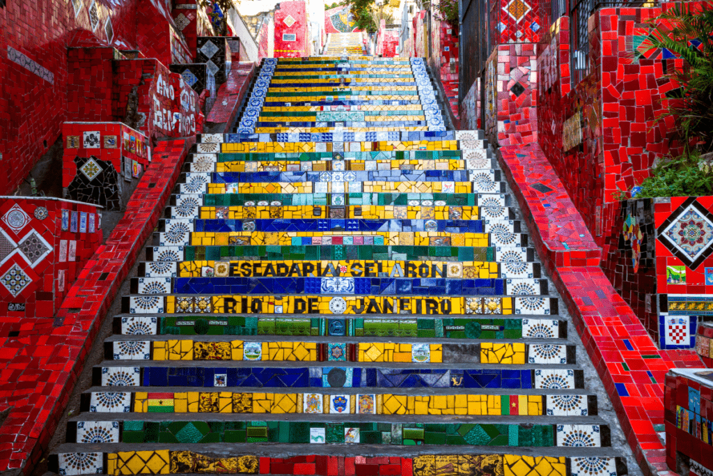 Escadaria Selarón tiled steps in Lapa, Rio de Janeiro covered in colorful mosaic tiles from over 60 countries