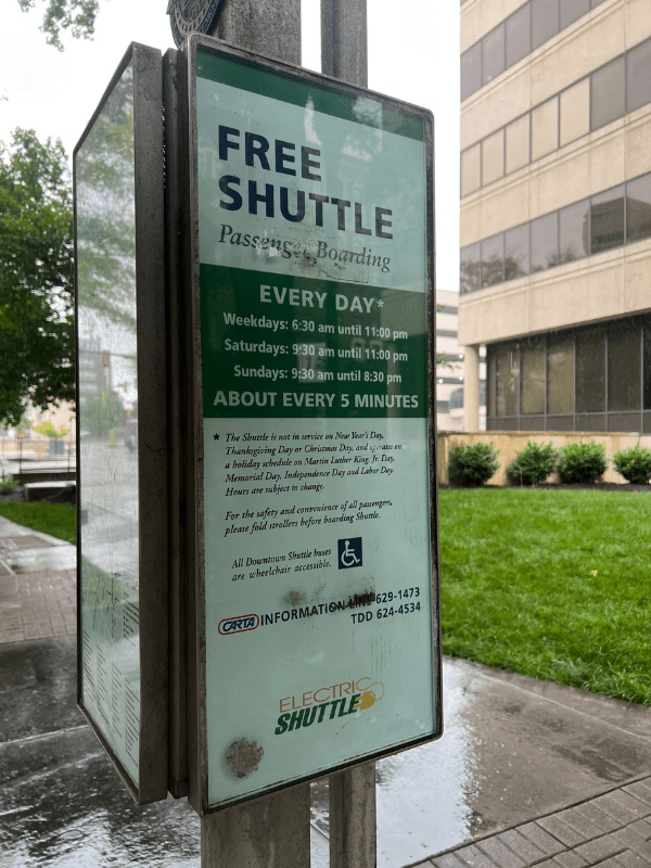Free downtown shuttle sign in Chattanooga, how to get around Chattanooga without a car